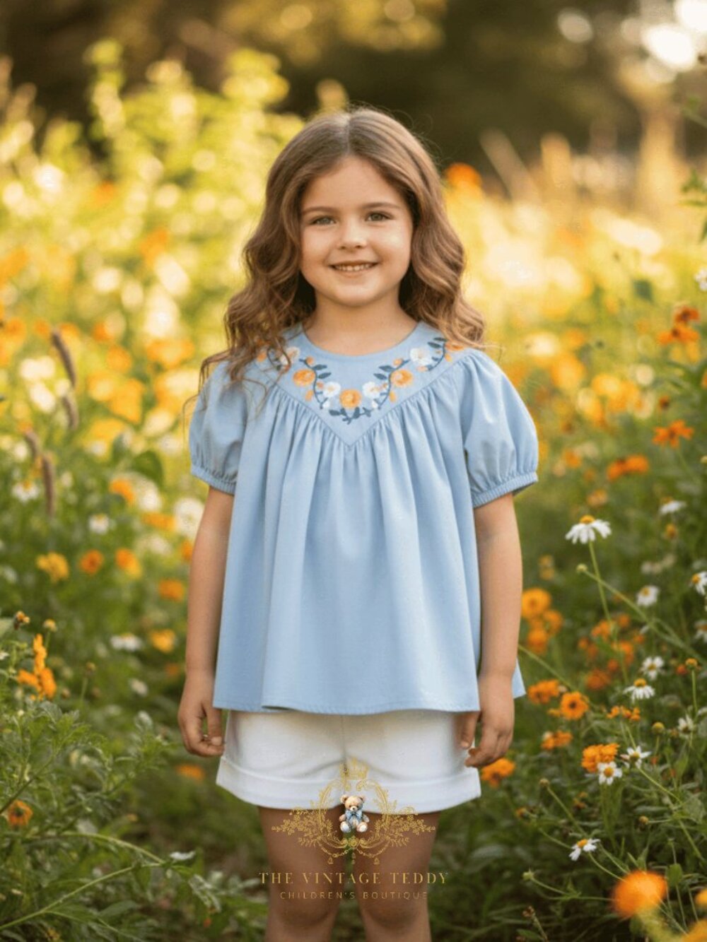 NWT Lovely Girls Floral Embroidered Blouse & Shorts 2-Piece Set Blue & White 3T
